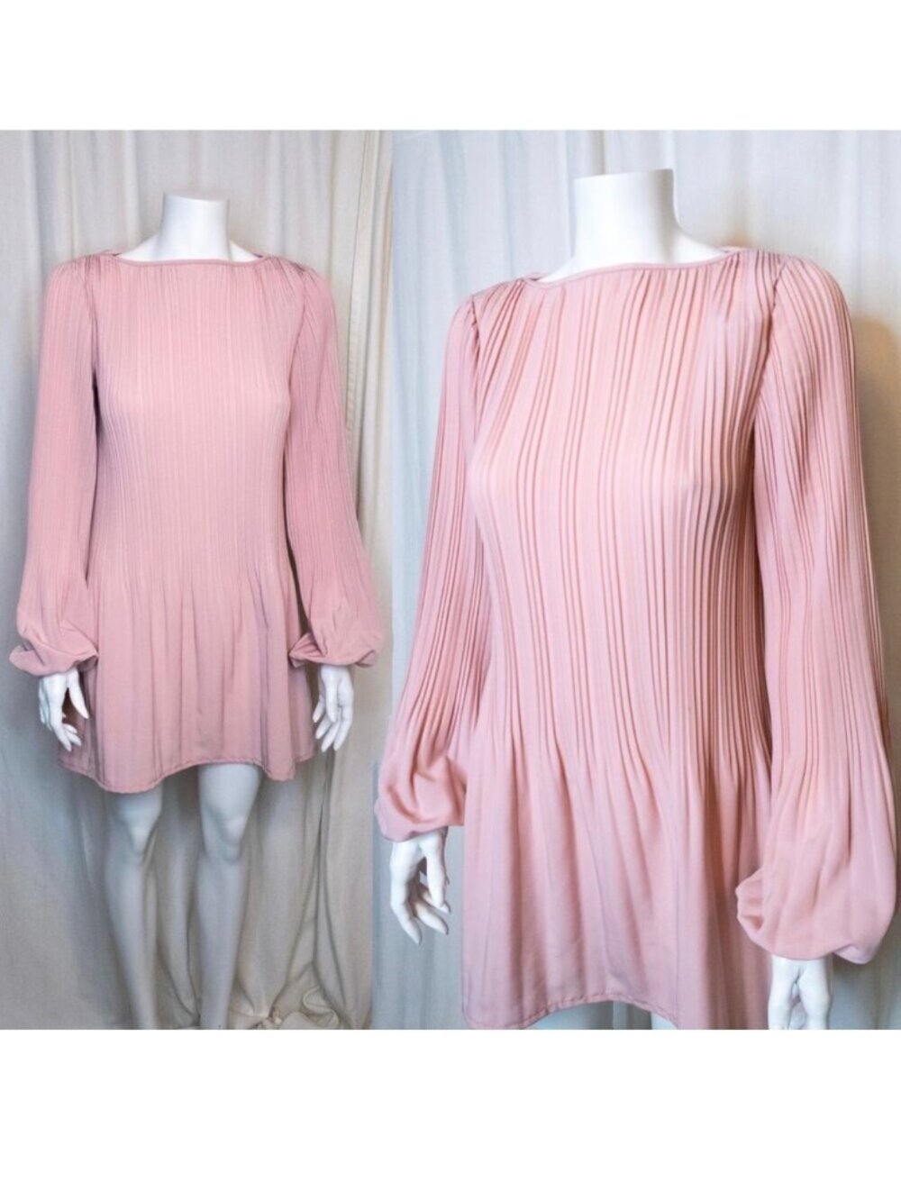 MAJE Rockin' Blush Pleated Long Bell Sleeve Mini Dress in US 2